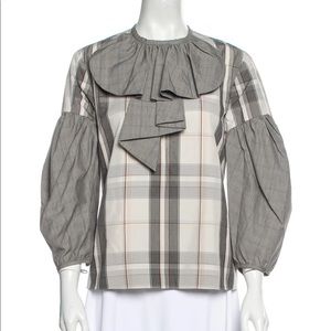 Arias New York New balloon sleeve ruffle neck plaid top blouse